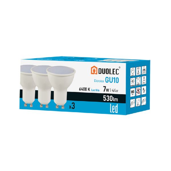 Pack 3 bombillas dicroicas Led mod: GU10  7W 6400K 530 lm
